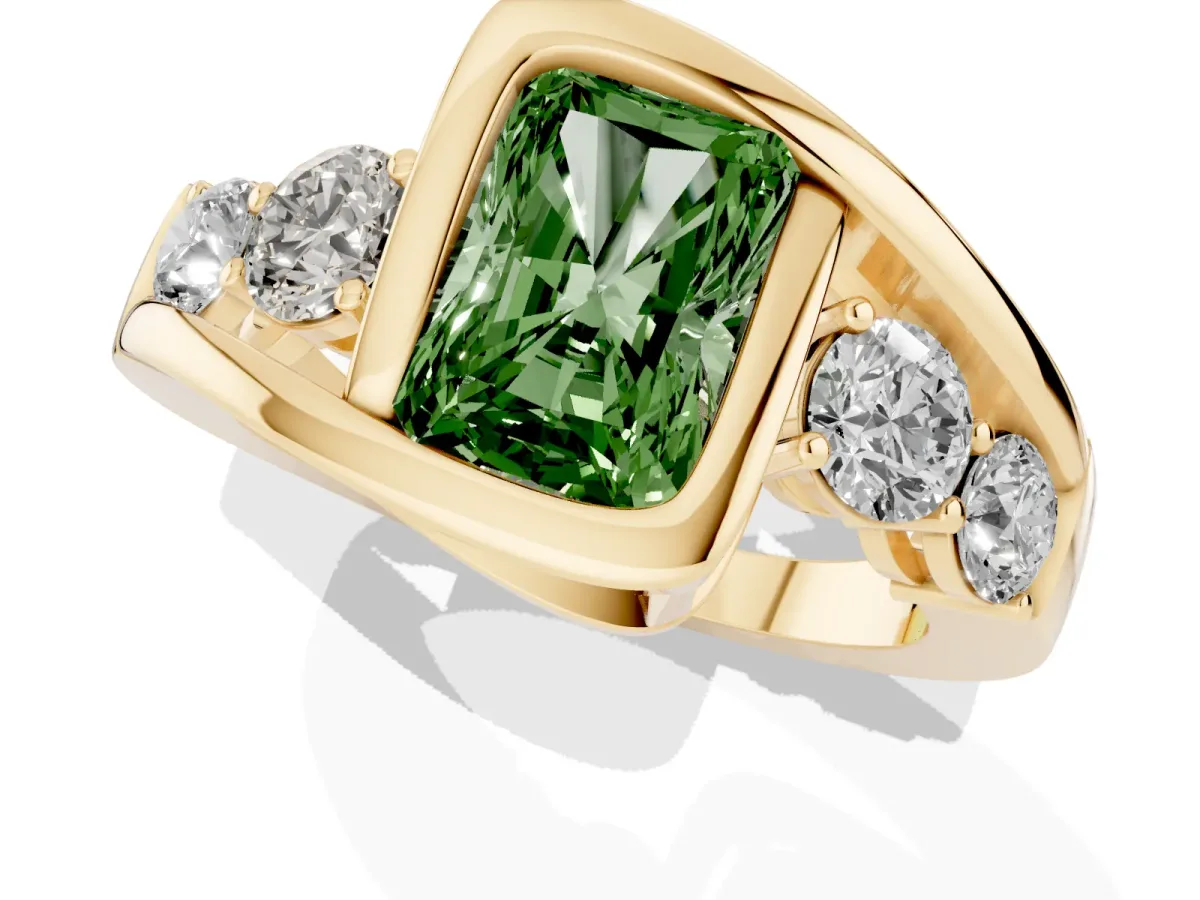 Fancy Green Bezel Set Radiant Cut Diamond Bypass Ring with Round Accents Yellow gold