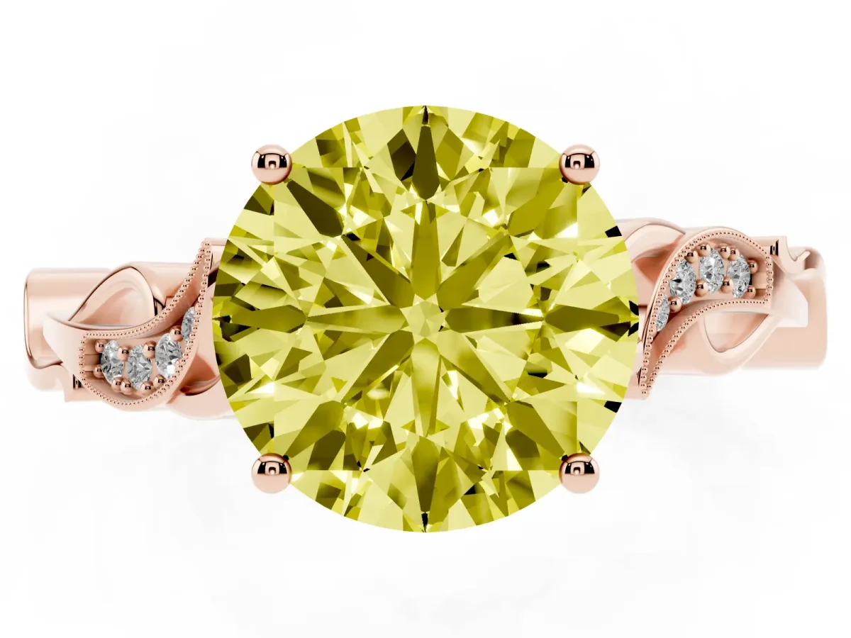 Fancy Yellow Round Cut Solitaire Vine Band with Milgrain Prong Setting Rose gold