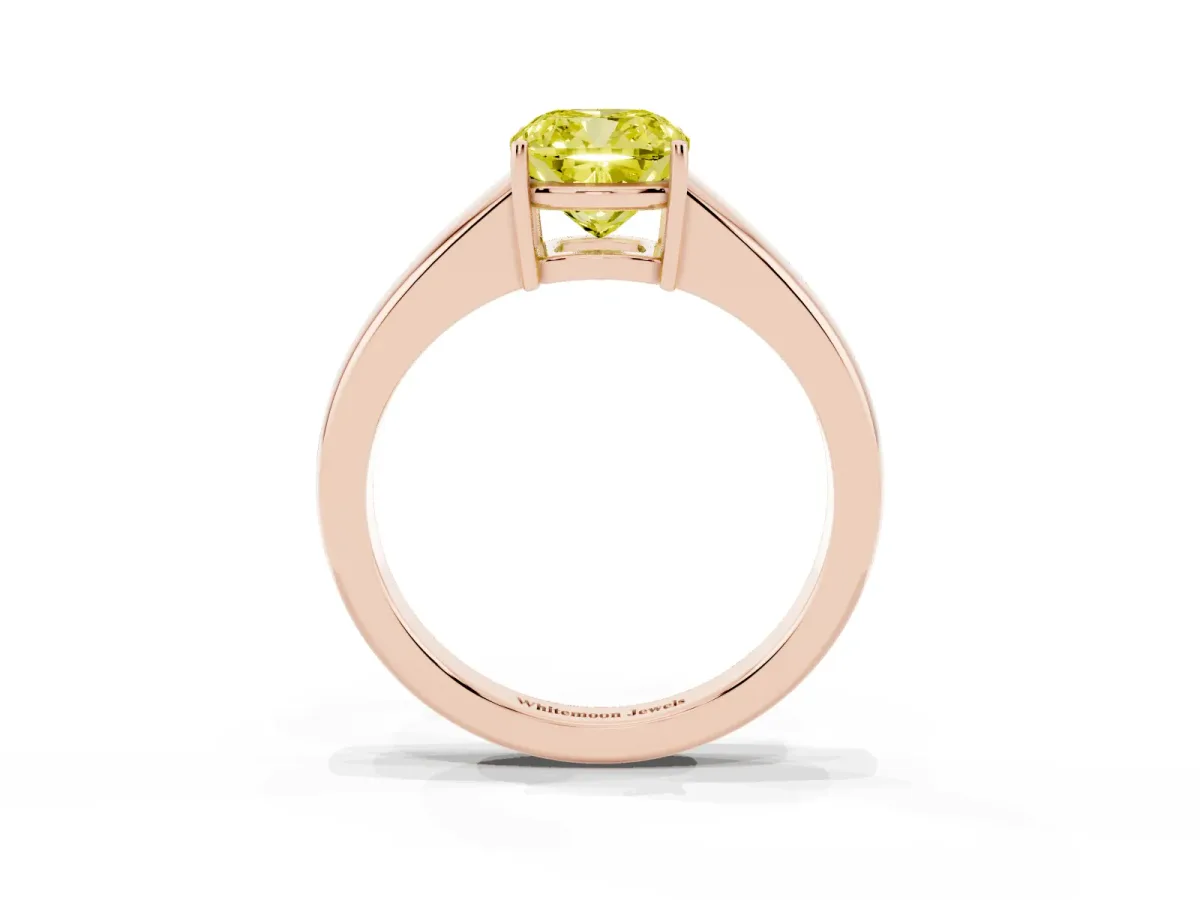 Fancy Yellow Cushion Cut Solitaire Diamond Ring with Tapered Band and Four-Prong Setting Rose gold