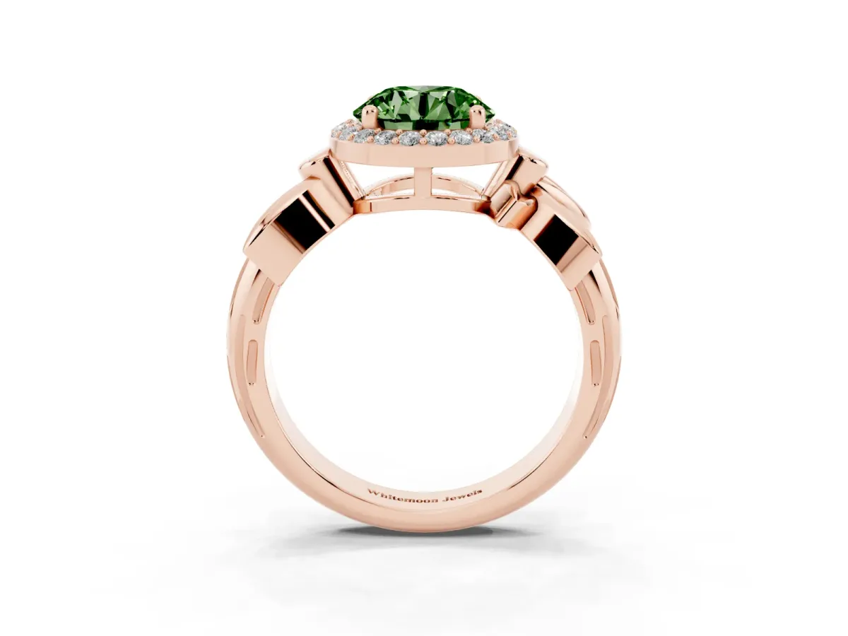 Fancy Green Round Cut Halo Diamond Floral Band with Four-Prong Setting Rose gold