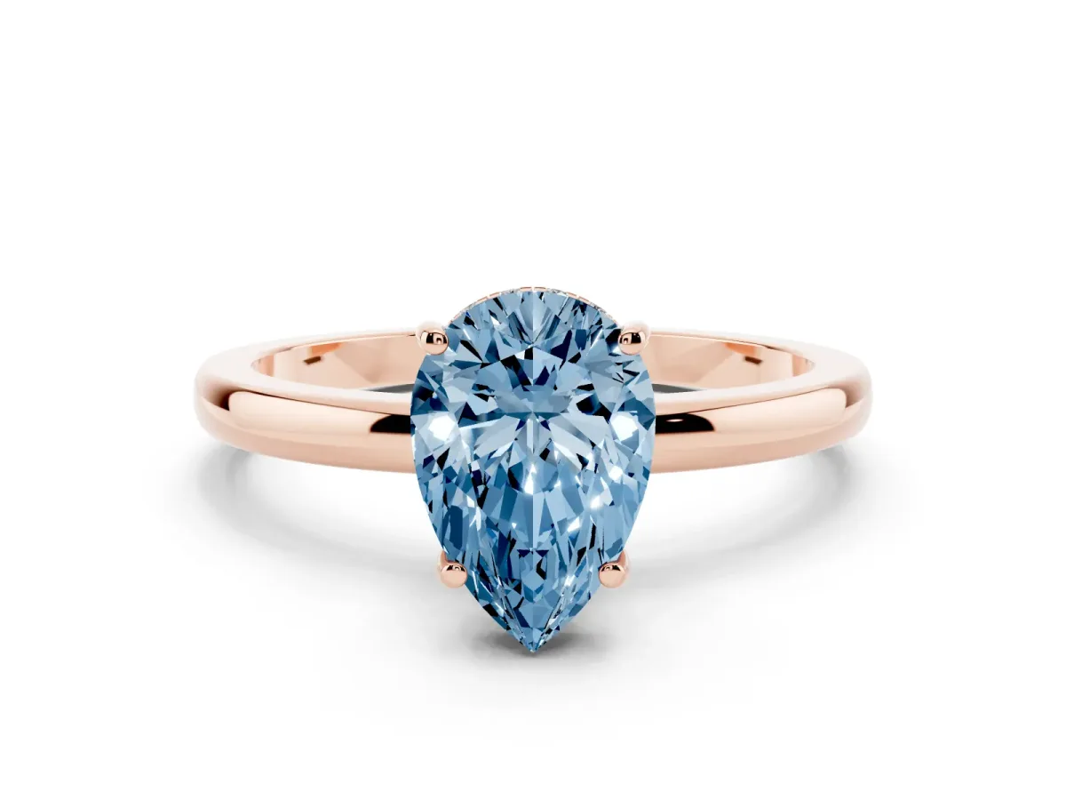 Fancy Blue Pear Cut Solitaire Diamond Ring with Prong Setting and Plain Band Rose gold