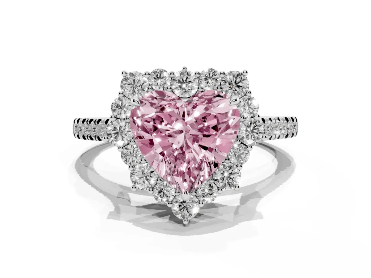 Fancy Pink Heart Cut Halo Diamond Ring with Pavé Band and Prong Setting Silver