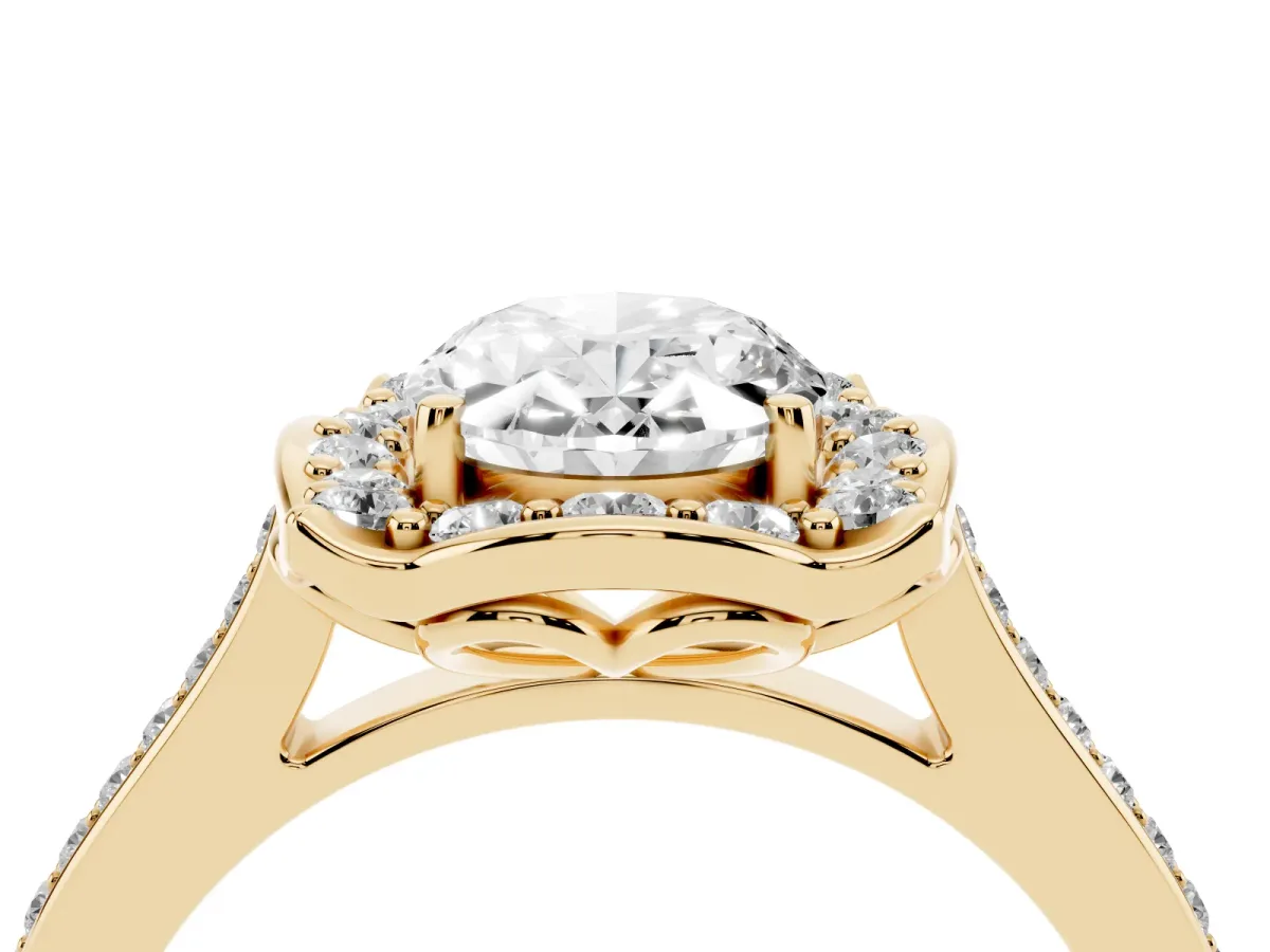 Oval Cut Halo Round Diamond Pave Band with Four-Prong Setting Yellow gold