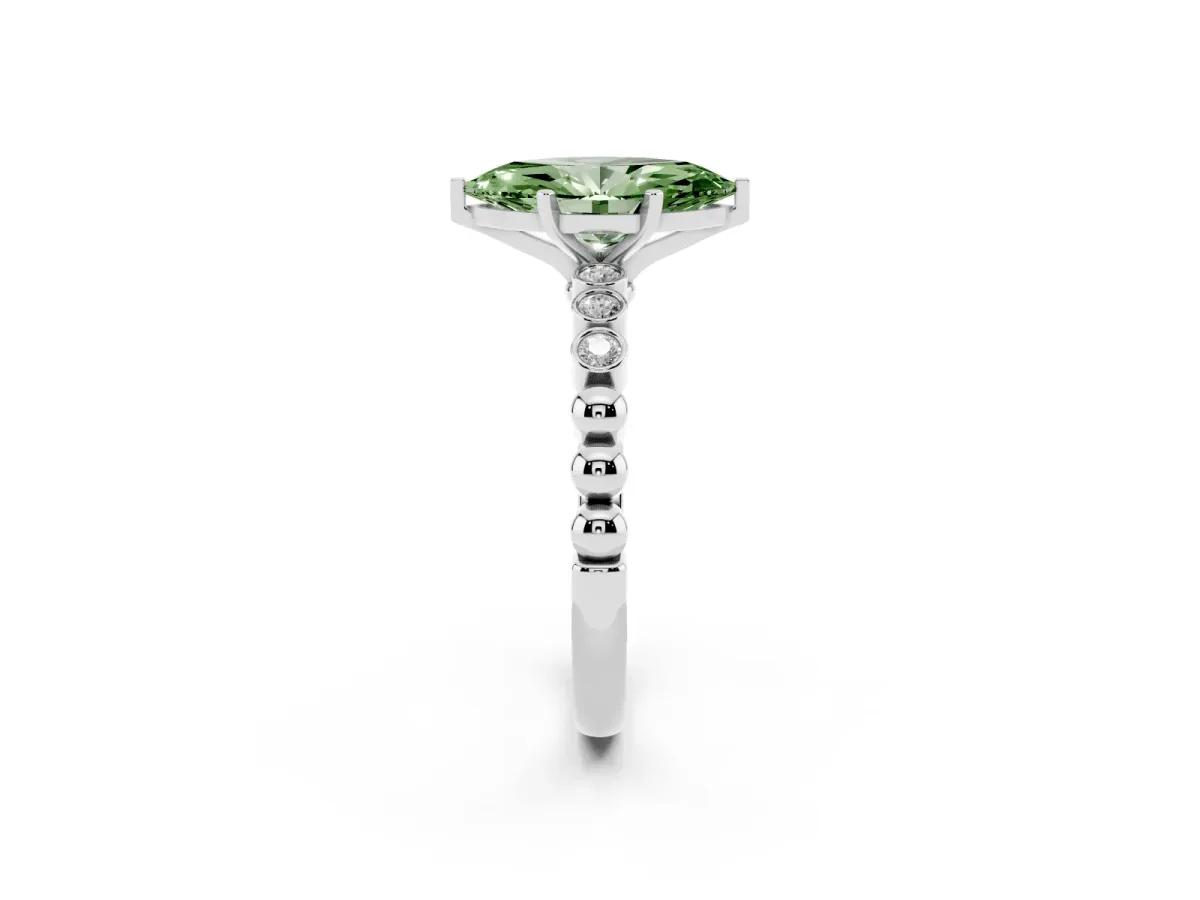 Fancy Green Marquise Cut Solitaire Bezel Accent Diamond Engagement Ring with Beaded Band and Four-Prong Setting Silver