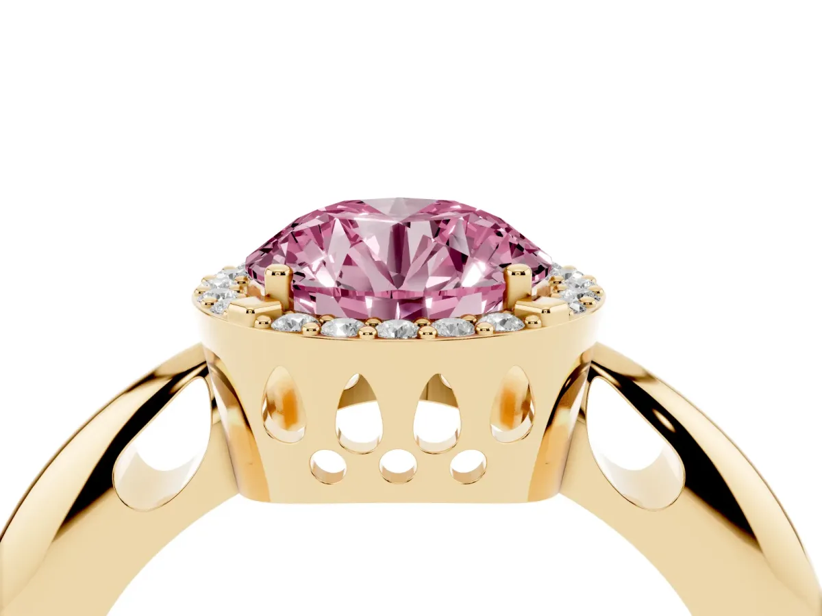 Fancy Pink Round Cut Cut Diamond Halo Engagement Ring with Split Shank and Four-Prong Setting Yellow gold