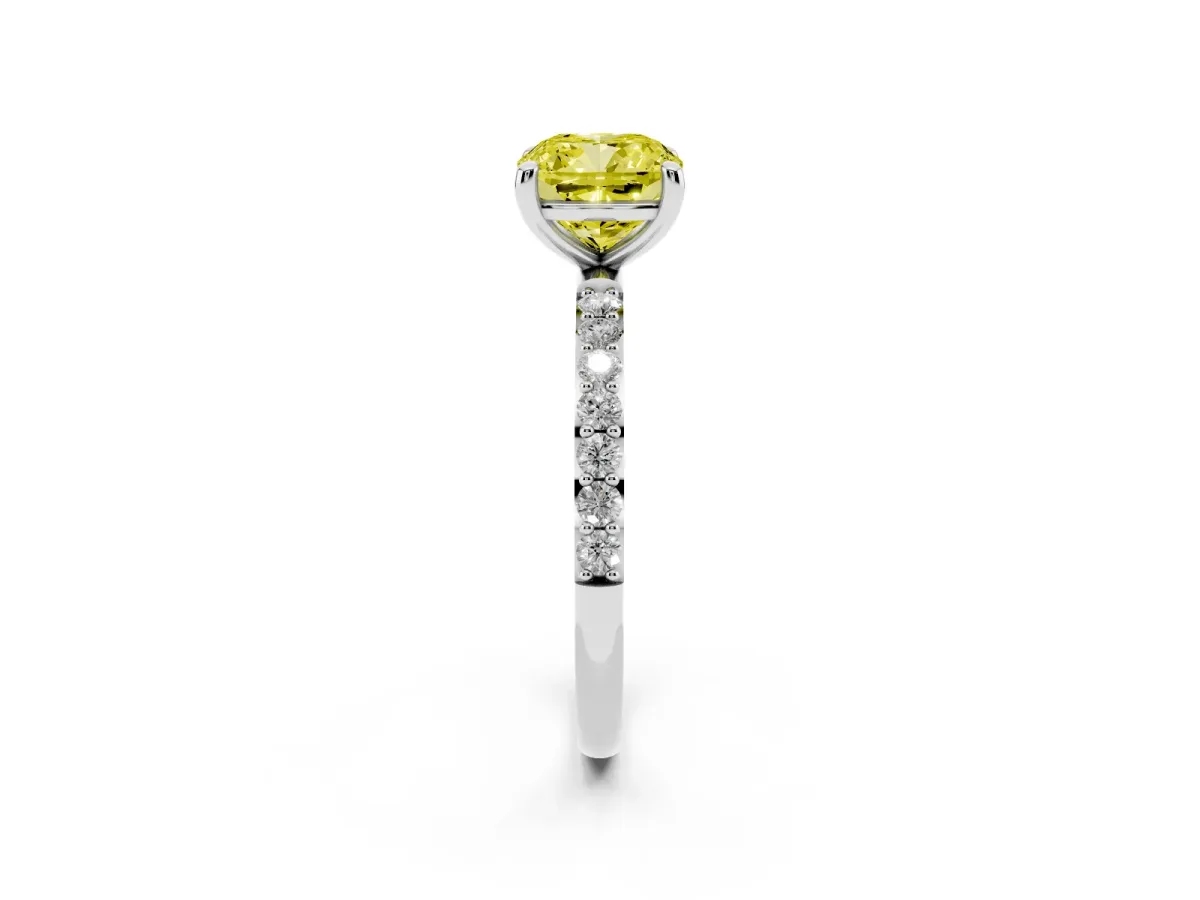 Fancy Yellow Cushion Cut Diamond Solitaire Ring with Round Pavé Band and Prong Setting Silver