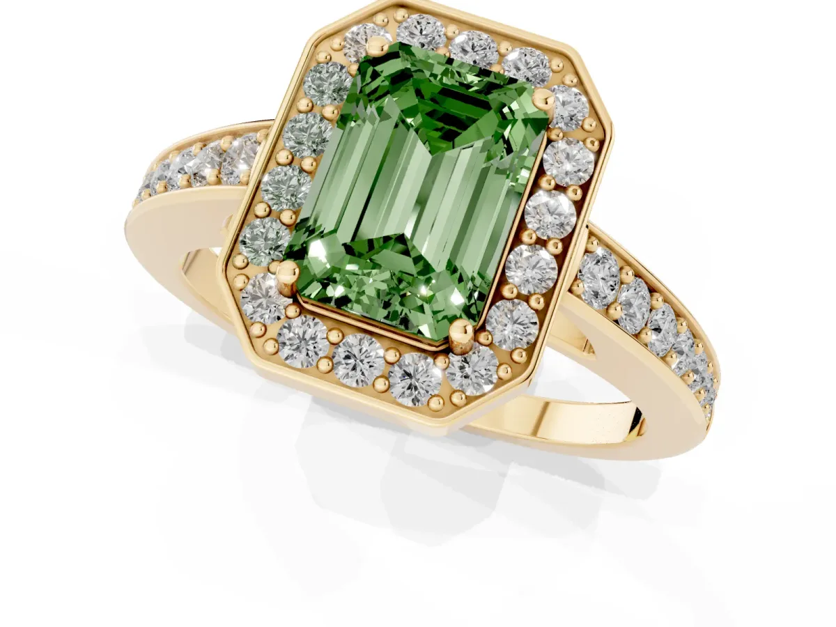 Fancy Green Emerald Cut Halo Pavé Diamond Engagement Ring with Bezel Setting Yellow gold