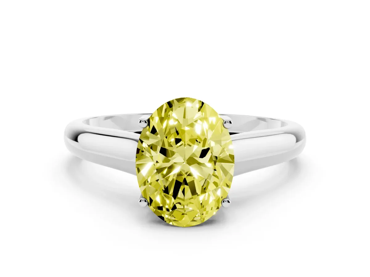 Fancy Yellow Oval Cut Solitaire Engagement Ring with Tapered Band and Four-Prong Setting Platinum