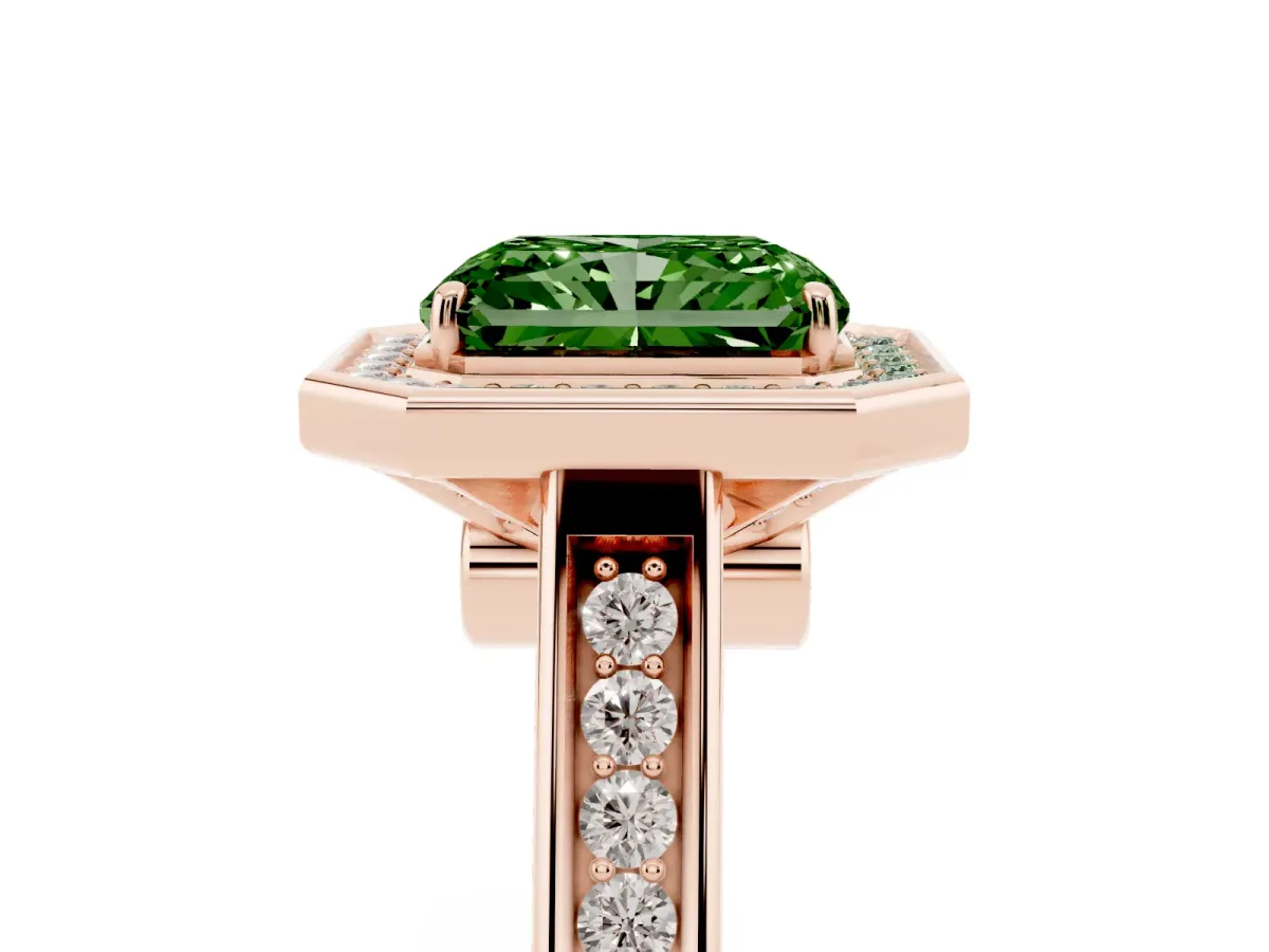 Fancy Green Radiant Cut Halo Solitaire Diamond Ring with Pave Band and Bezel Setting Rose gold
