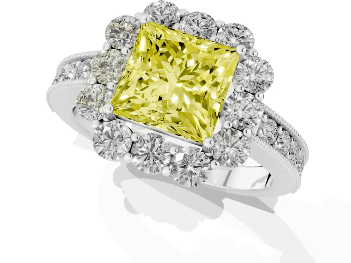 Fancy Yellow Princess Cut Cut Halo Diamond Pavé Engagement Ring with Milgrain Detailing White gold