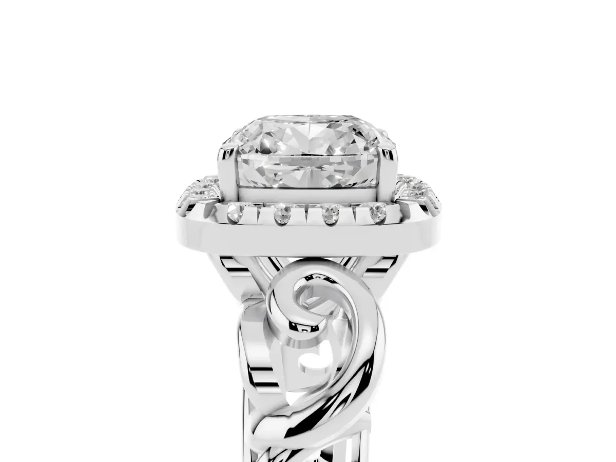 Cushion Cut Cut Halo Diamond Ring with Scrollwork Band and Four-Prong Setting Platinum