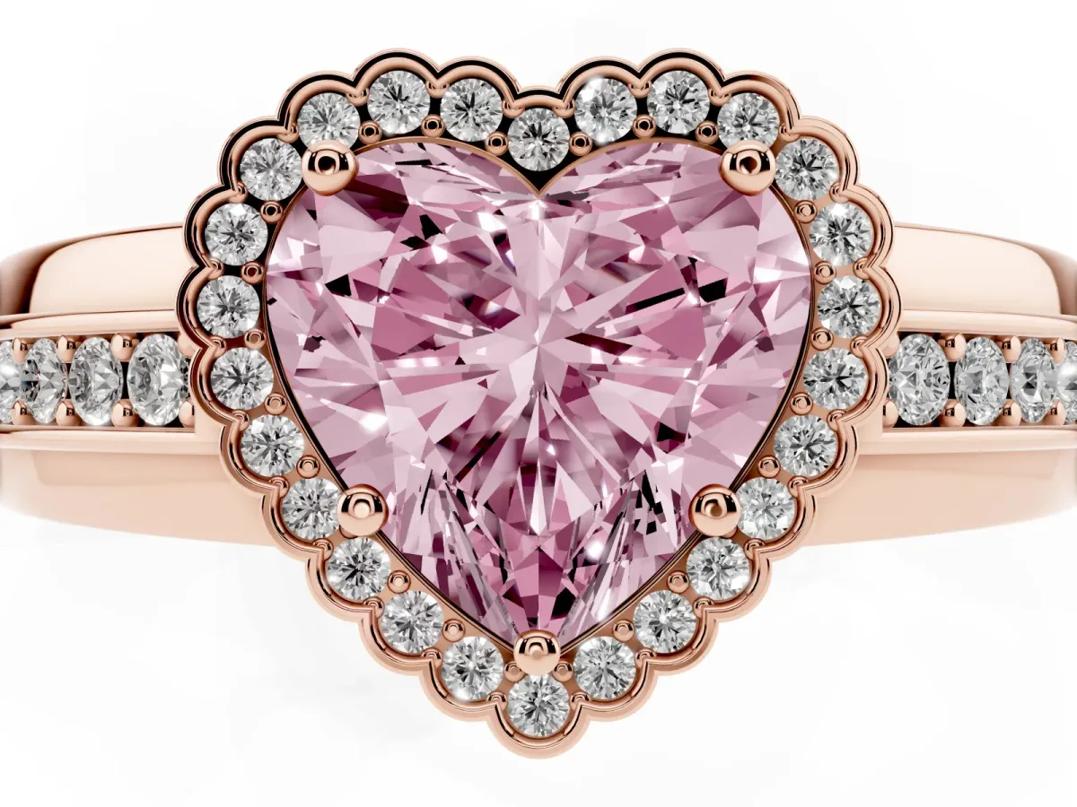 Fancy Pink Heart Cut Cut Halo Pave Band Four-Prong Ring Rose gold