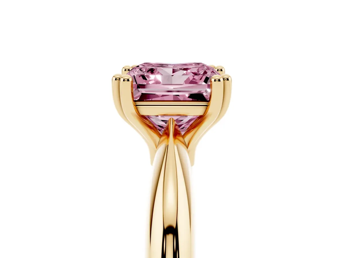 Fancy Pink Princess Cut Cut Solitaire Engagement Ring with Tapered Band and Four-Prong Setting Yellow gold