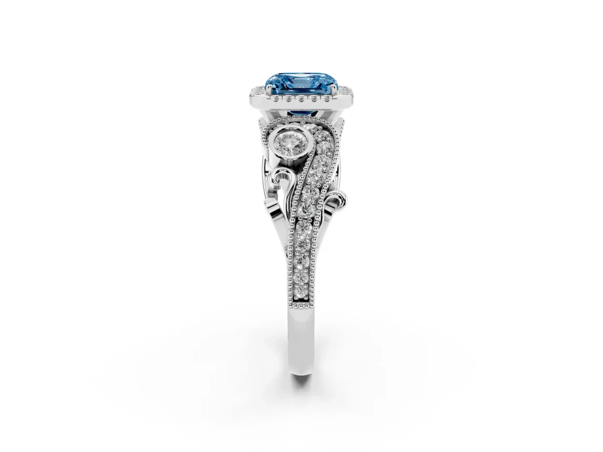 Fancy Blue Asscher Cut Diamond Halo Ring with Milgrain Pavé Band and Four-Prong Setting Platinum