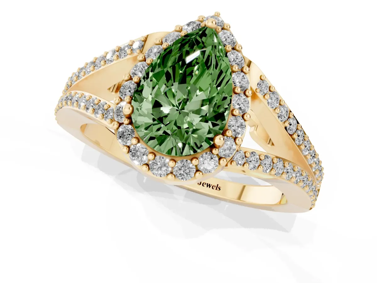 Fancy Green Pear Cut Halo Split Shank Diamond Ring with Prong Setting Yellow gold