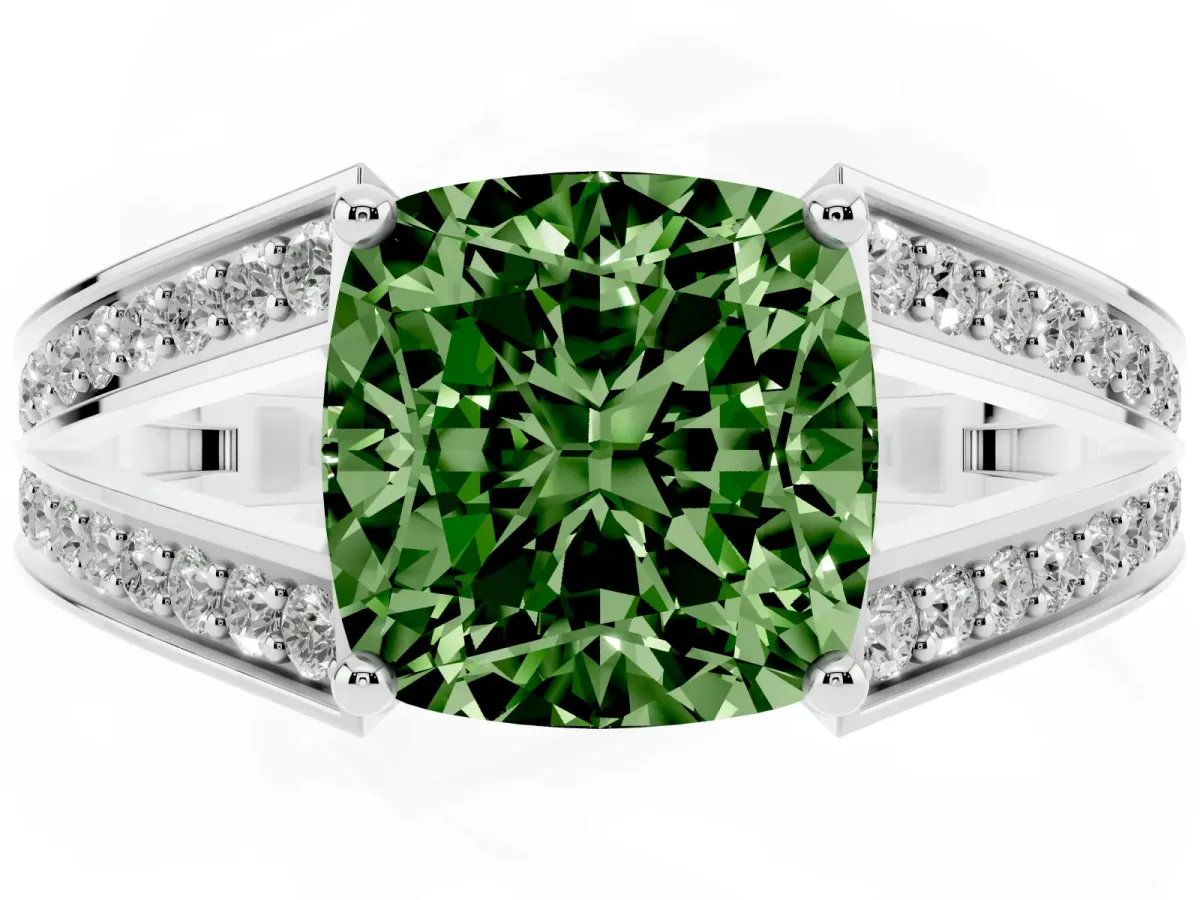 Fancy Green Cushion Cut Diamond Split Shank Ring with Pavé Band and Four-Prong Setting Silver