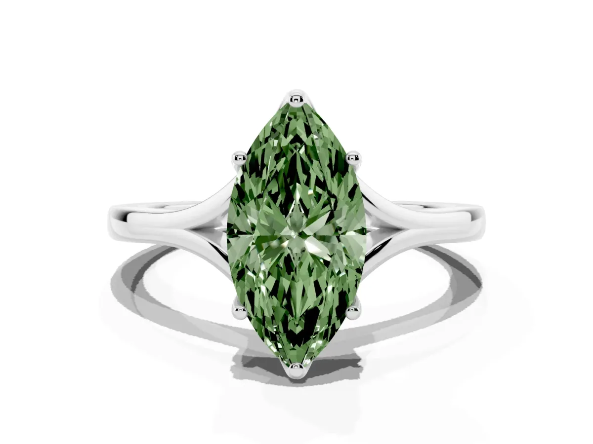 Fancy Green Marquise Cut Solitaire Diamond Ring with Six-Prong Setting and Tapered Band Silver