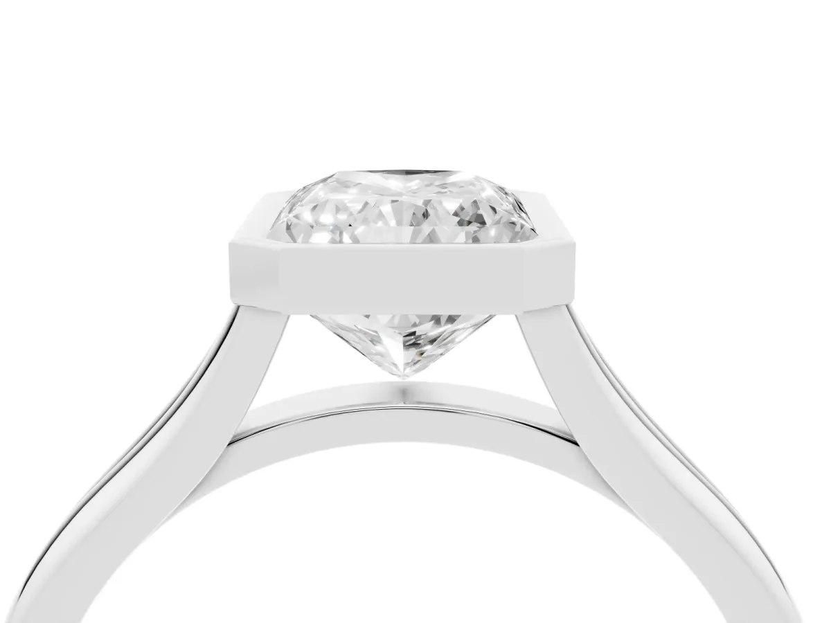 Bezel Set Radiant Cut Cut Solitaire Ring with Tapered Band Silver