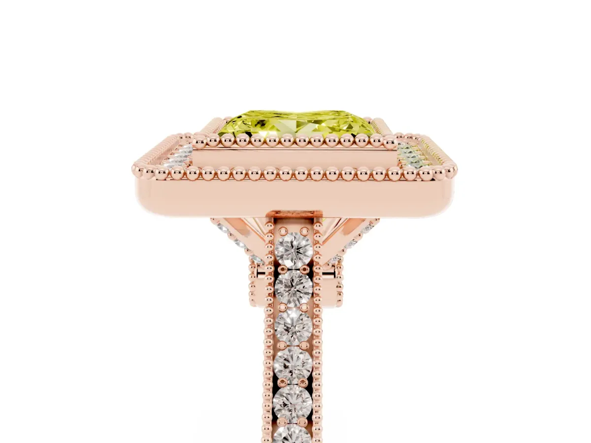 Fancy Yellow Princess Cut Diamond Halo Ring with Milgrain Frame and Pavé Band Rose gold