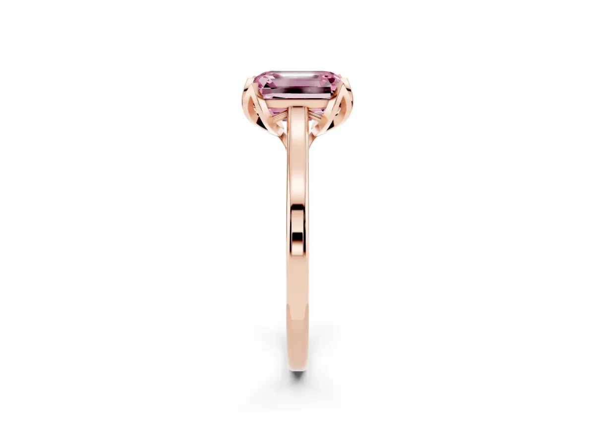 Fancy Pink Emerald Cut Diamond Solitaire Ring with Flower Prong Setting and Classic Band Rose gold