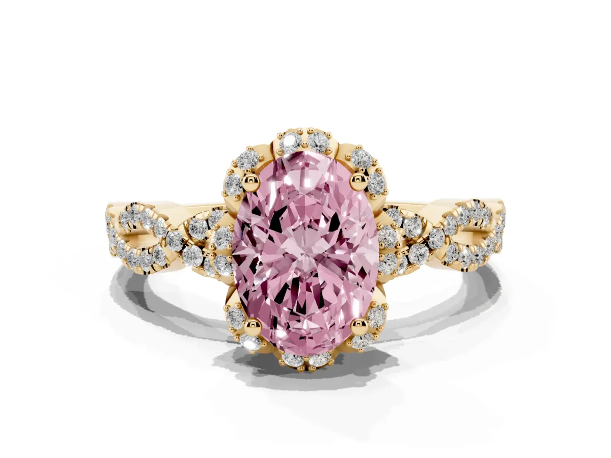 Fancy Pink Oval Cut Halo Twist Band Solitaire Ring with Six-Prong Setting Yellow gold