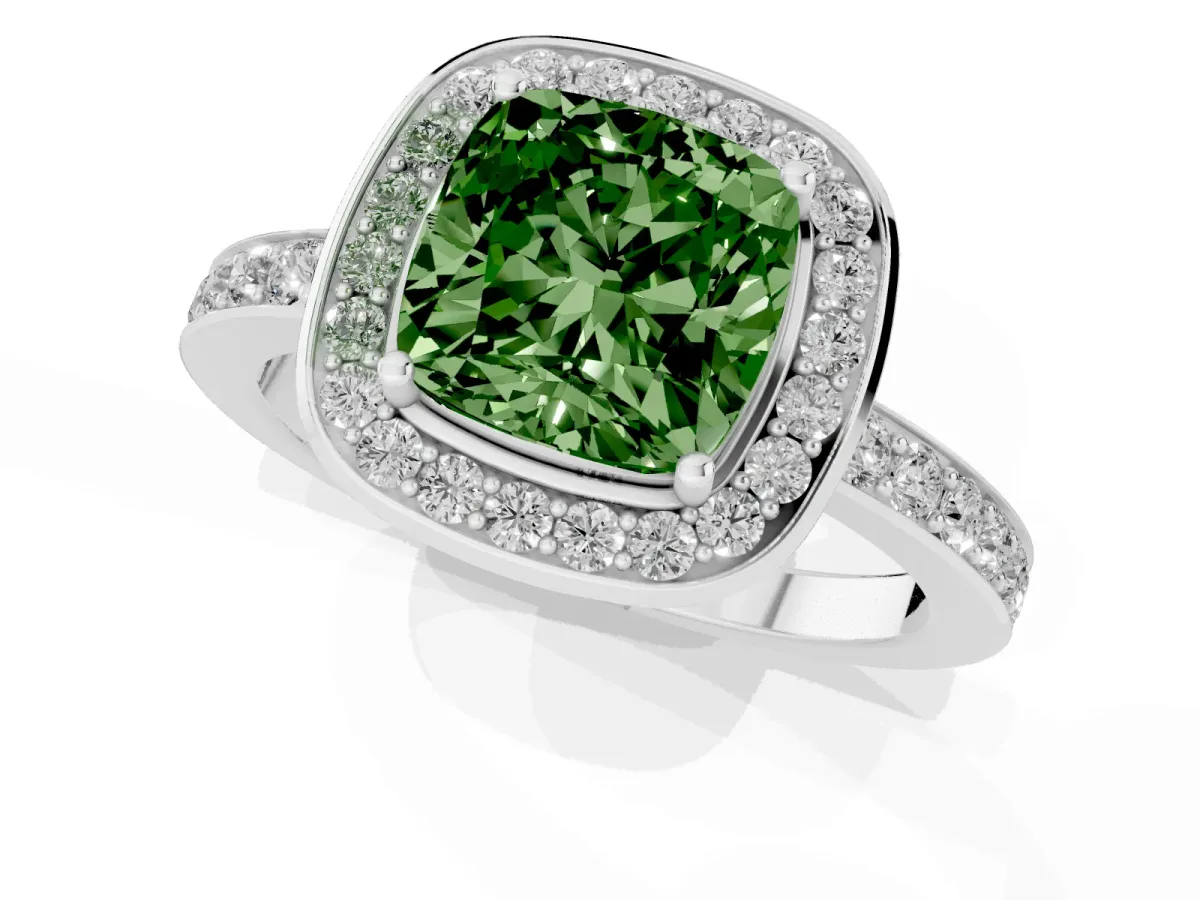 Fancy Green Cushion Cut Diamond Halo Ring with Bezel Frame and Pavé Band Silver