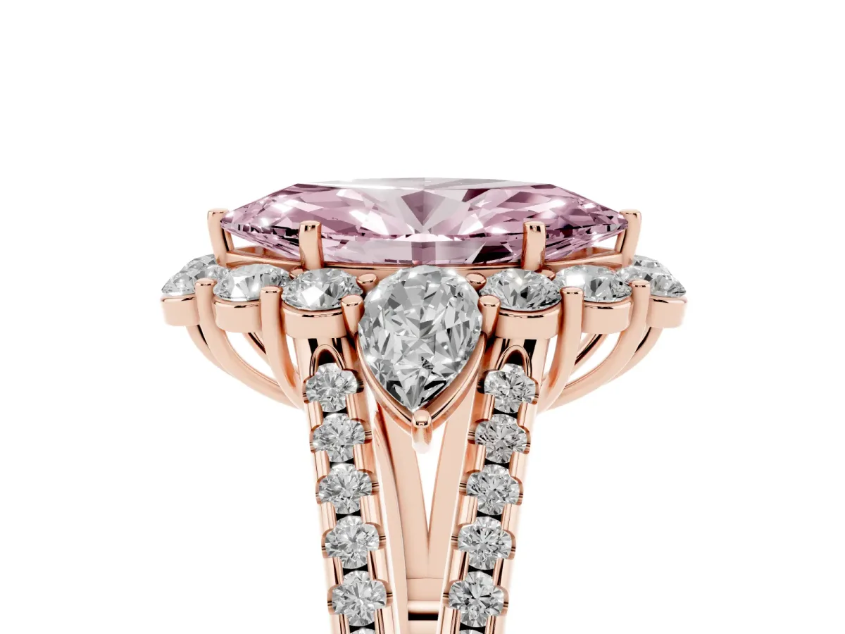 Fancy Pink Marquise Cut Halo Split Shank Diamond Engagement Ring with Prong Setting Rose gold