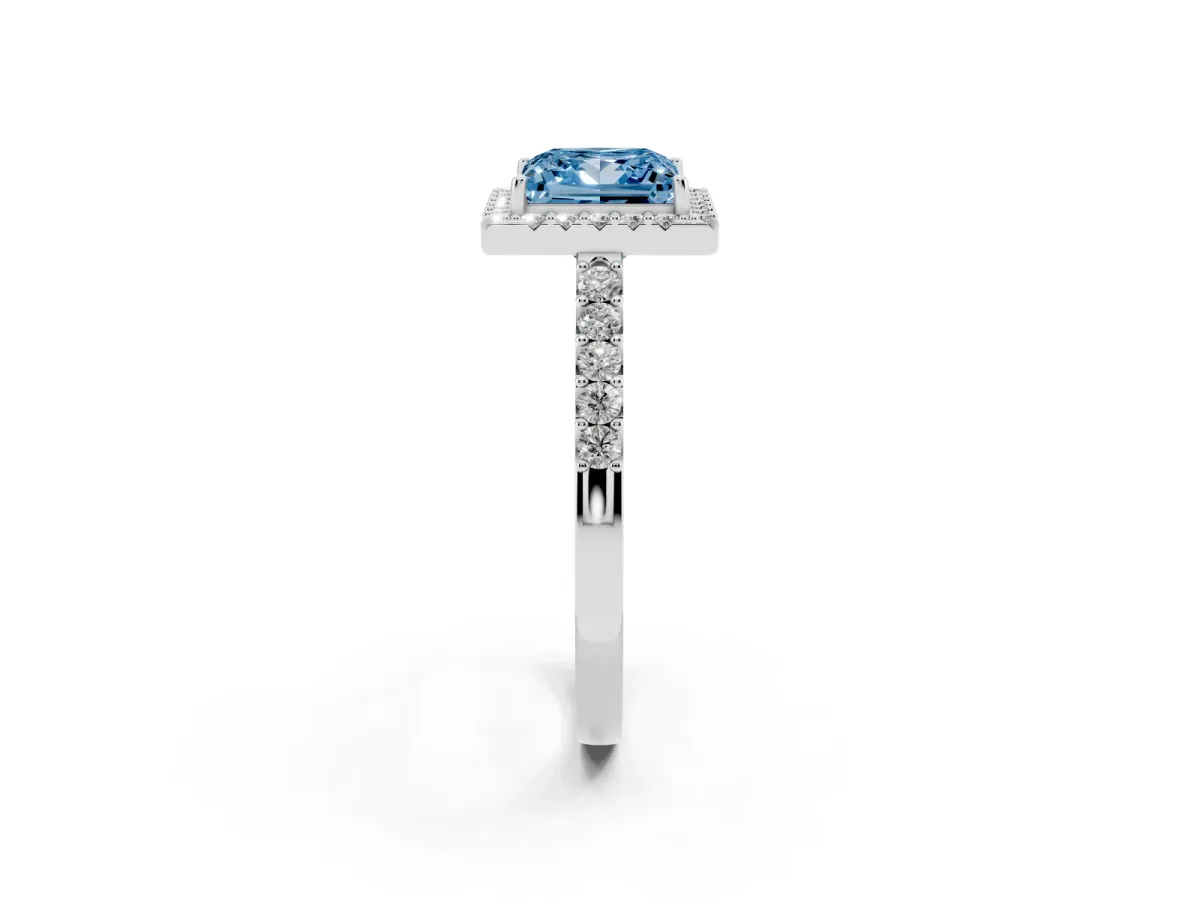Fancy Blue Princess Cut Halo Diamond Pavé Solitaire Ring Platinum