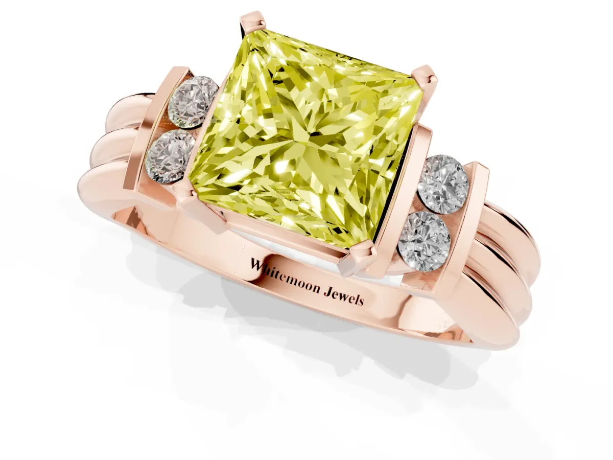 Fancy Yellow Princess Cut Cut Three-Stone Channel Set Ring with Bar Prongs Rose gold