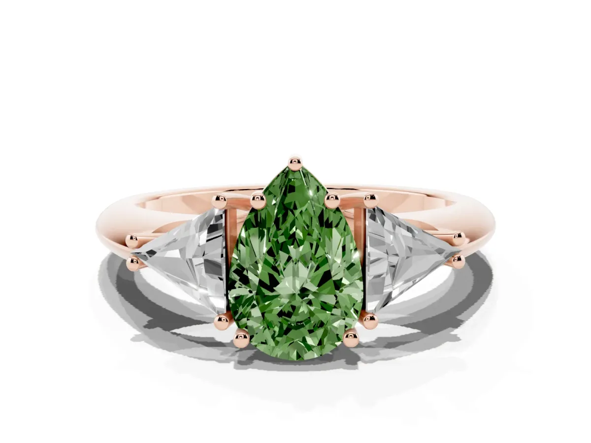 Fancy Green Three-Stone Pear Cut Diamond Engagement Ring with Trillion Side Stones and Prong Setting Rose gold