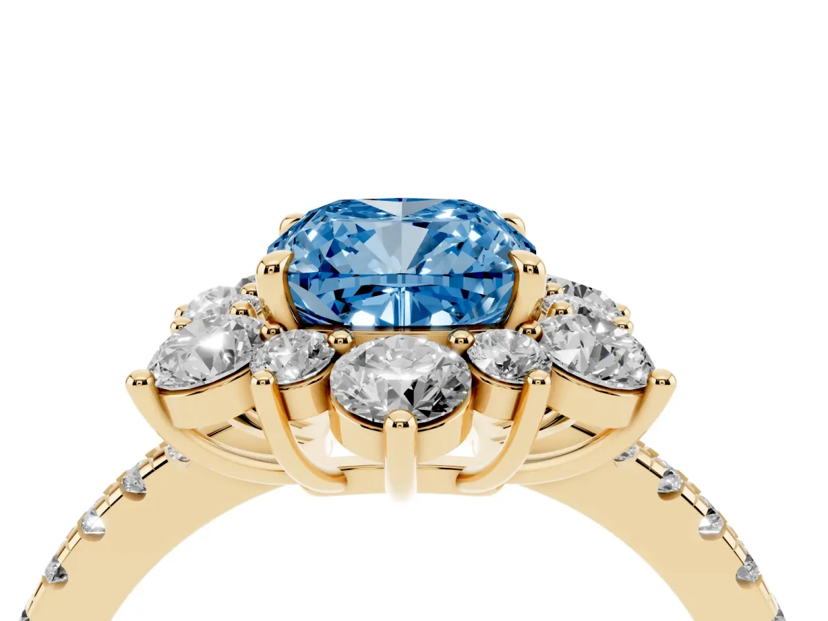 Fancy Blue Cushion Cut Diamond Floral Halo Ring with Round Pavé Band and Prong Setting Yellow gold