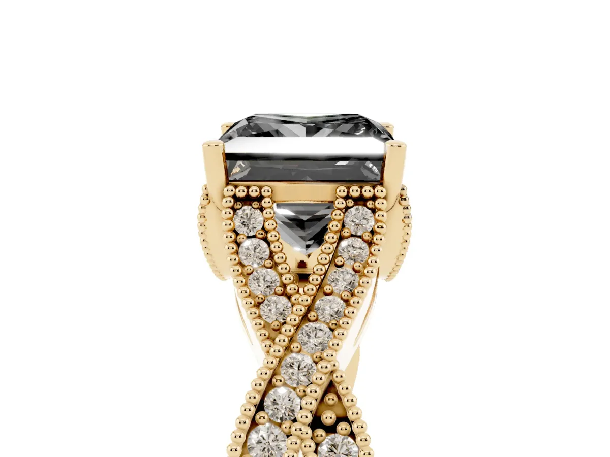 Fancy Black Princess Cut Cut Diamond Twisted Band with Milgrain Pave Setting and Four-Prong Setting Yellow gold
