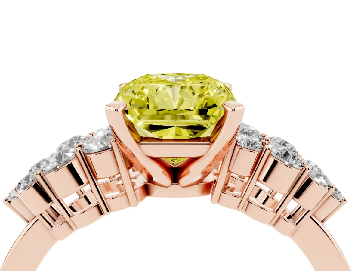 Fancy Yellow Radiant Cut Cluster Diamond Engagement Ring with Pavé Band and Four-Prong Setting Rose gold
