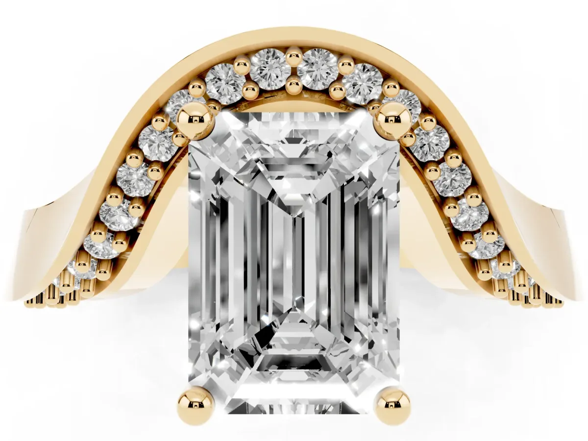 Emerald Cut Solitaire Diamond Engagement Ring with Pave Band and Four-Prong Setting Yellow gold