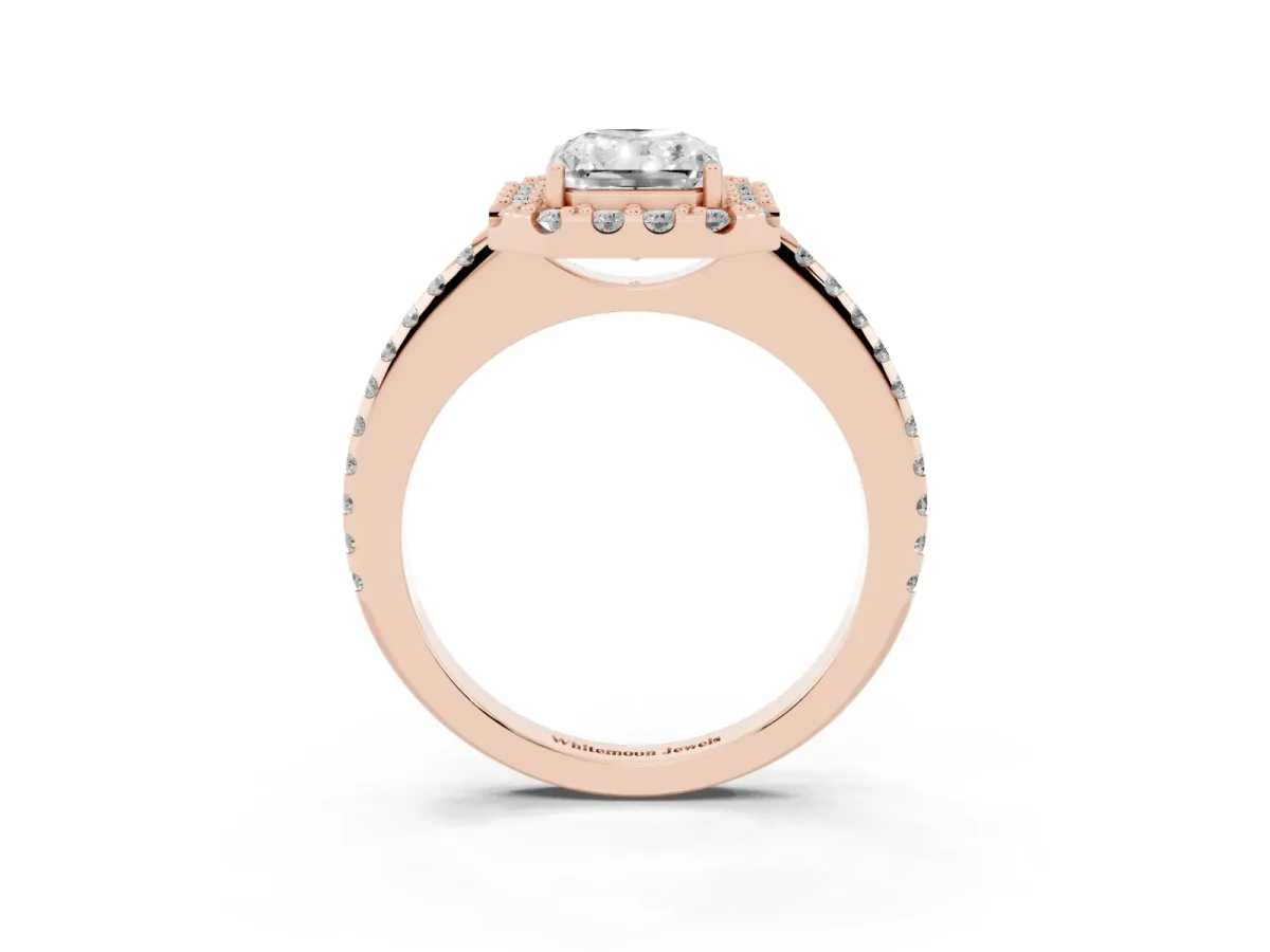 Radiant Cut Diamond Pavé Halo Ring with Four-Prong Setting Rose gold