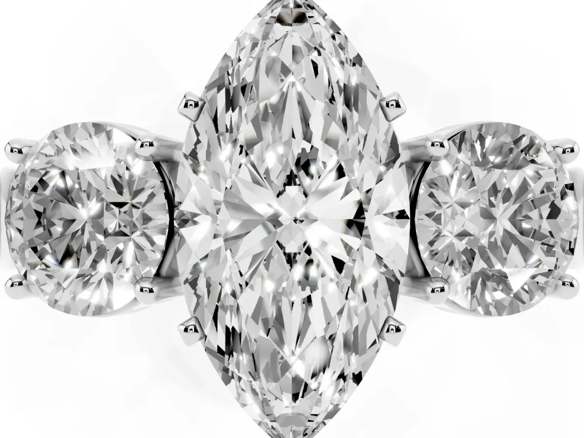 Three-Stone Marquise Cut Diamond Ring with Round Side Stones, Classic Band, and Four-Prong Setting Silver