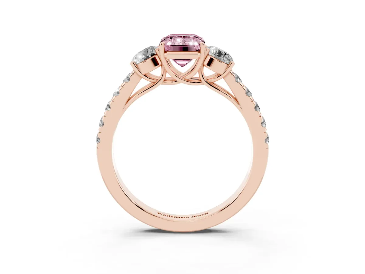Fancy Pink Emerald Cut Cut Diamond Three-Stone Ring with Round Side Stones and Pavé Band Rose gold