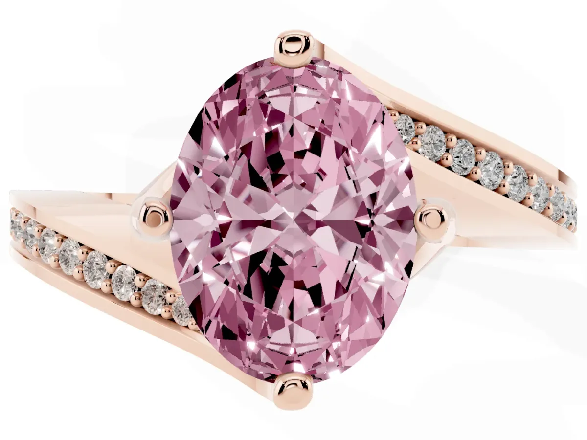 Fancy Pink Oval Cut Solitaire Diamond Twist Band with Pavé Setting and Four-Prong Setting Rose gold