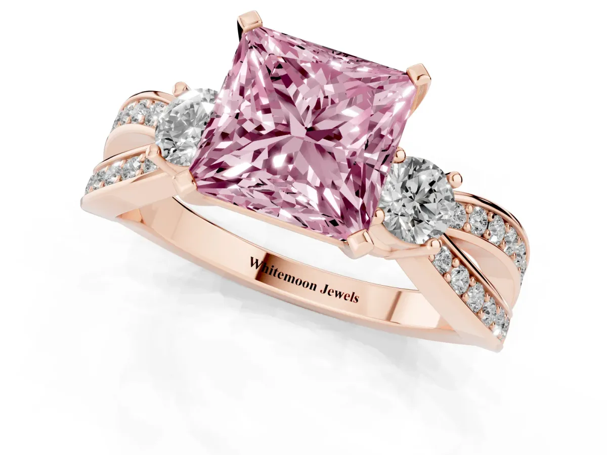 Fancy Pink Three-Stone Princess Cut Cut Diamond Twist Band with Prong Setting Rose gold