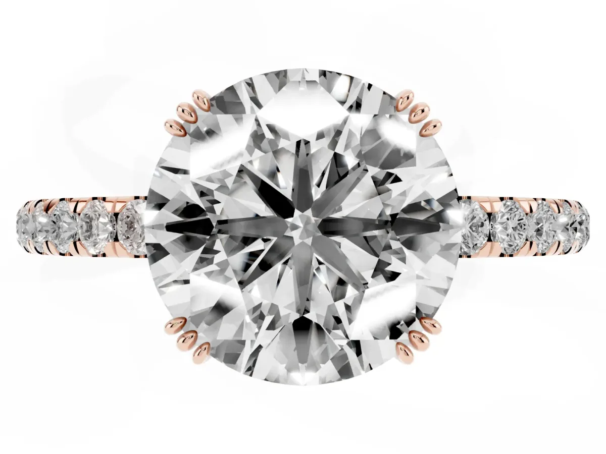 Round Cut Brilliant Solitaire with Pavé Band and Claw Prong Setting Rose gold