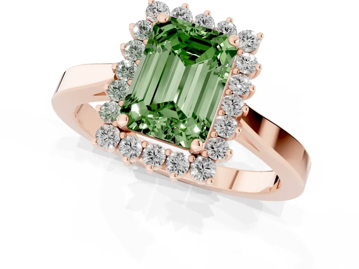 Fancy Green Emerald Cut Cut Diamond Halo Ring with Round Brilliant Halo and Solitaire Band Rose gold