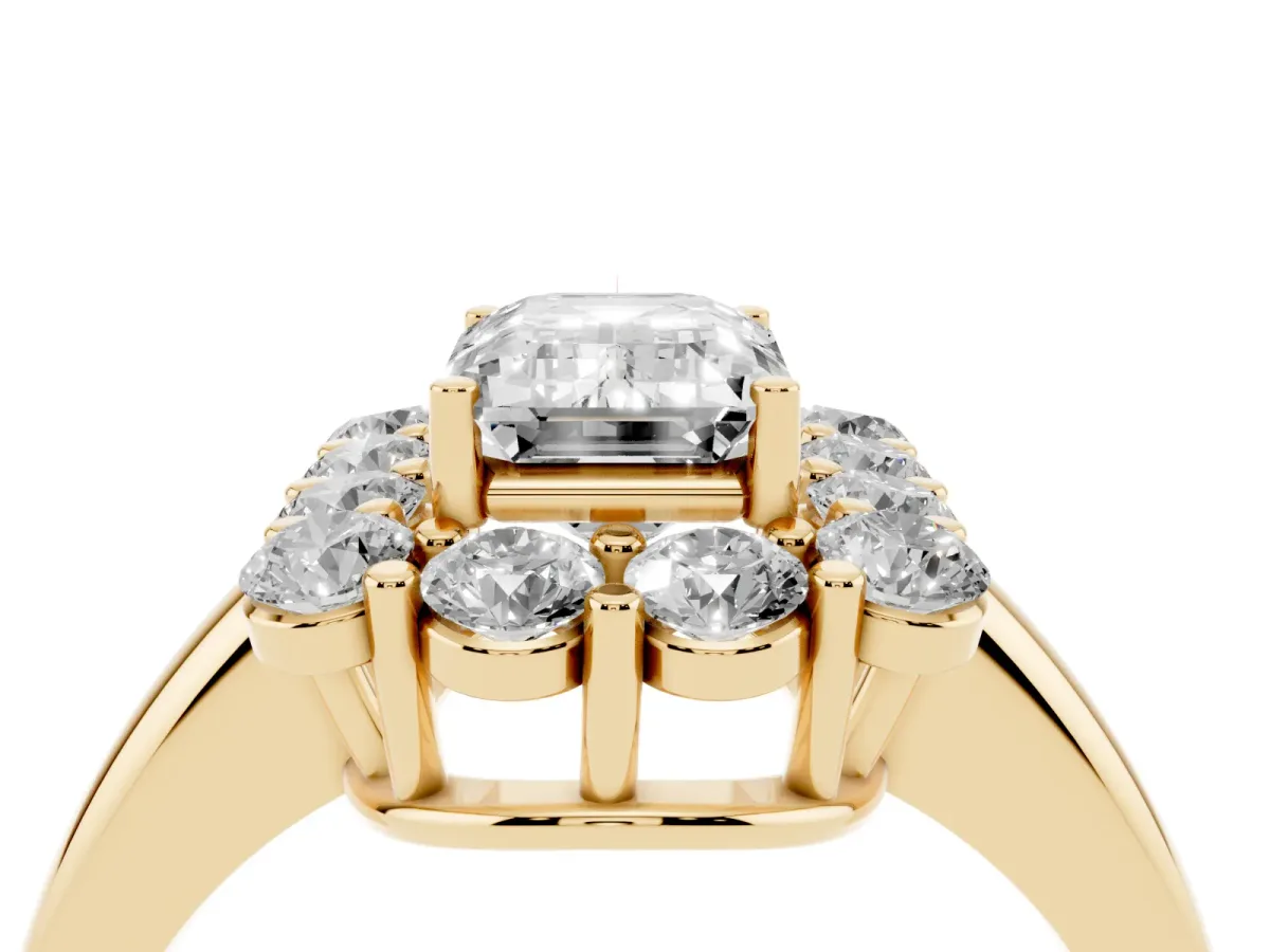 Emerald Cut Halo Cluster Diamond Engagement Ring with Prong Setting and Polished Band Yellow gold