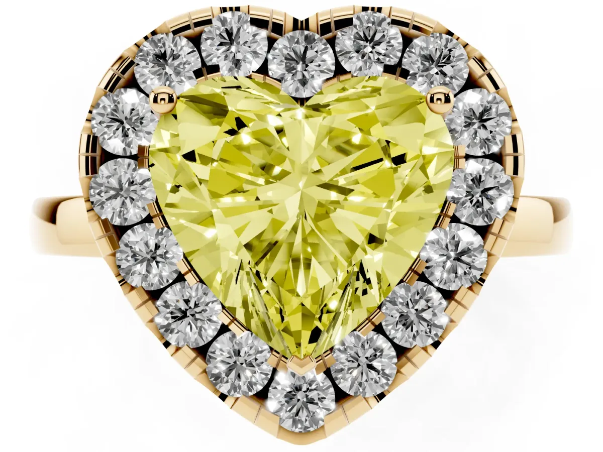 Fancy Yellow Heart Cut Halo Diamond Solitaire with Pavé Band and Four-Prong Setting Yellow gold
