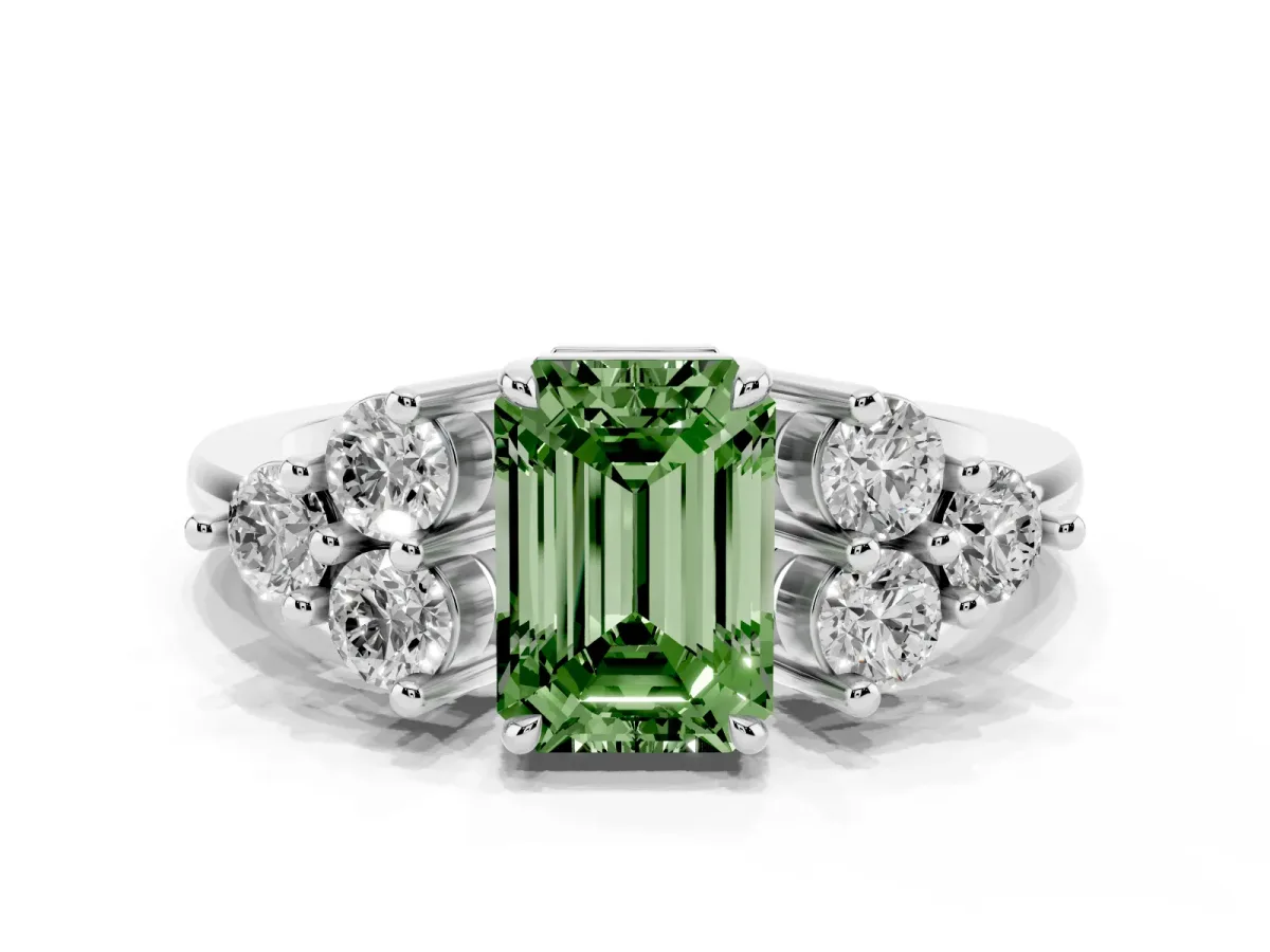 Fancy Green Emerald Cut Brilliant Diamond Cluster Accent Solitaire Ring with Prong Setting Platinum