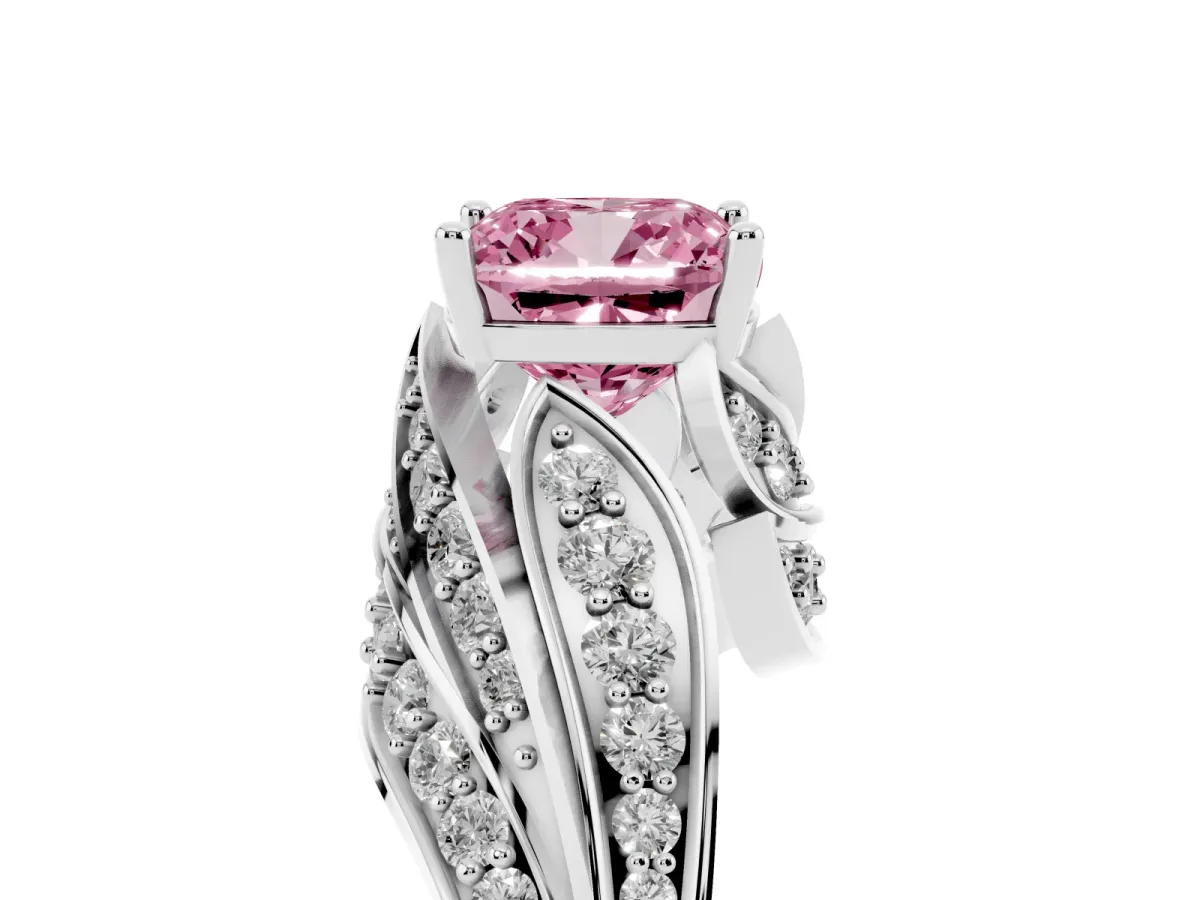 Fancy Pink Cushion Cut Diamond Solitaire Ring with Prong Setting and Twisted Pavé Band Silver