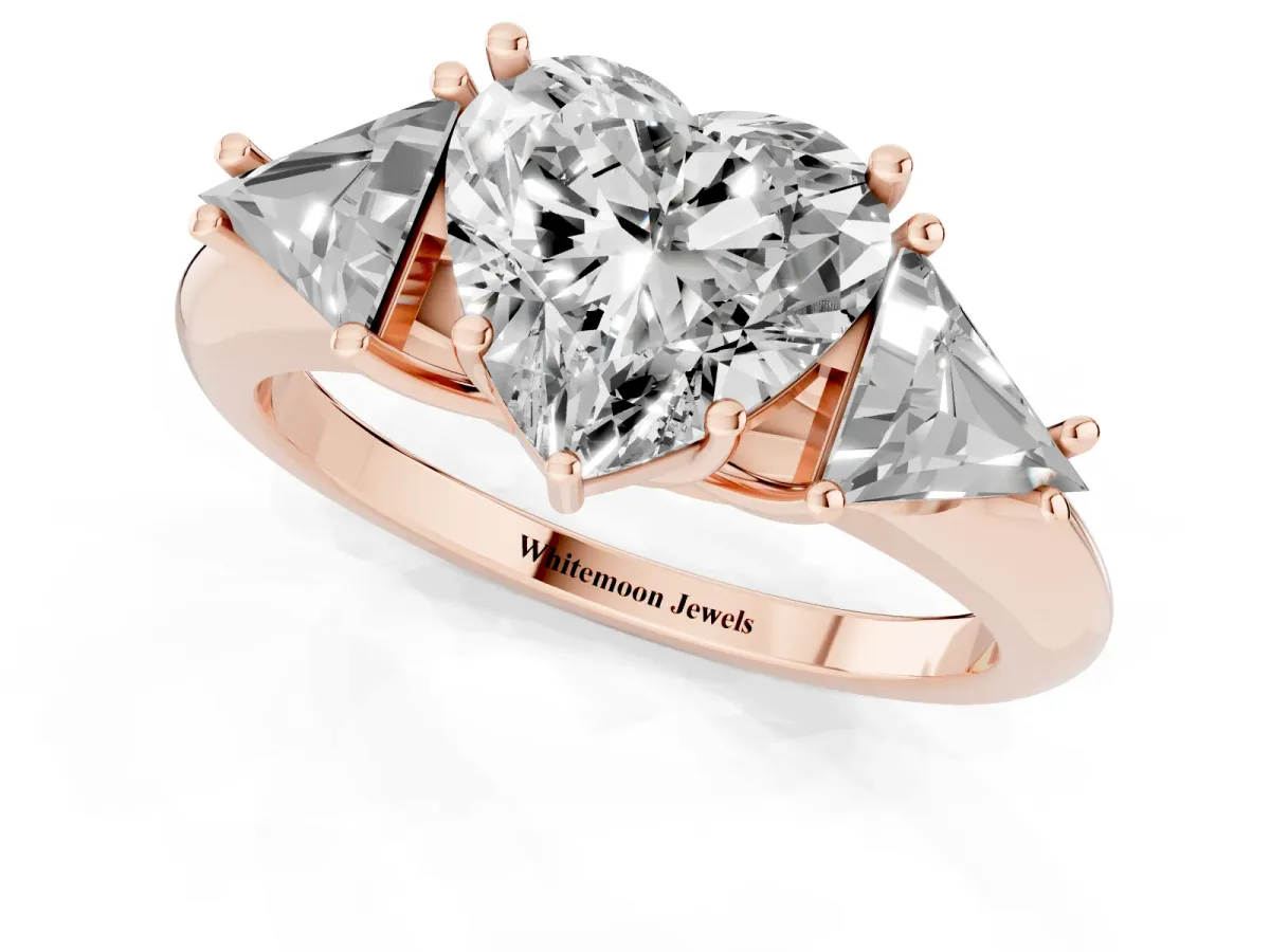 Three-Stone Heart Cut Diamond Engagement Ring with Trillion Side Stones and Prong Setting Rose gold