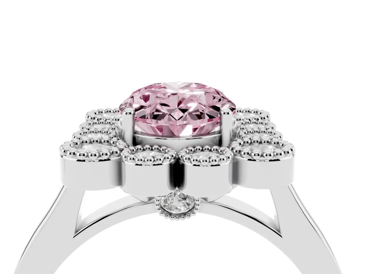Fancy Pink Oval Cut Halo Diamond Cluster Engagement Ring with Milgrain Bezel Setting and Solitaire Band White gold