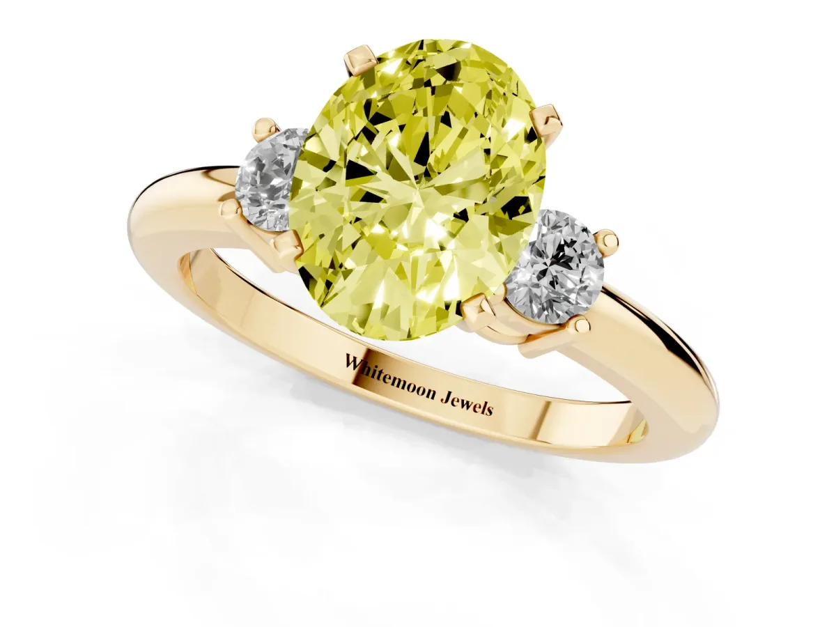 Fancy Yellow Three-Stone Oval Cut Cut Diamond Solitaire with Prong Setting and Classic Band Yellow gold