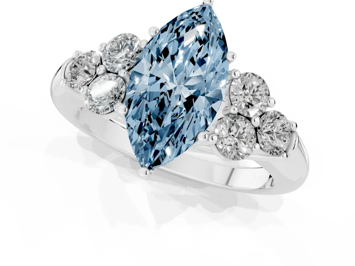 Fancy Blue Marquise Cut Cut Diamond Cluster Ring with Round Accent Stones and Prong Setting on a Classic Band Platinum