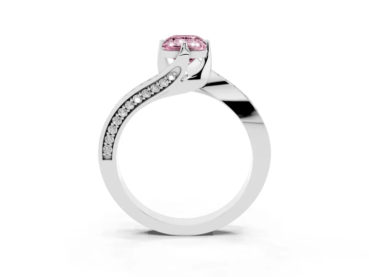Fancy Pink Emerald Cut Solitaire Diamond Twist Band with Pavé Setting and Four-Prong Setting Silver